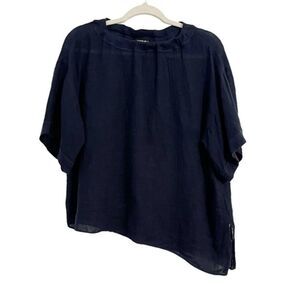 Lafayette 148 Navy Blue 100% Linen Drop Shoulder Asymmetric Hem Top Size Small
